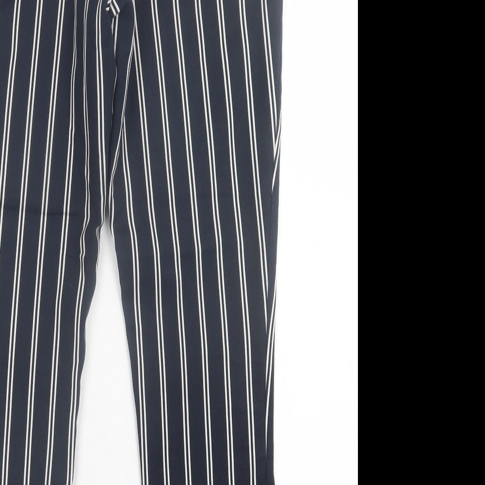 H&M Womens Blue Striped Cotton Trousers Size 10 L26 in Regular Hook & Eye