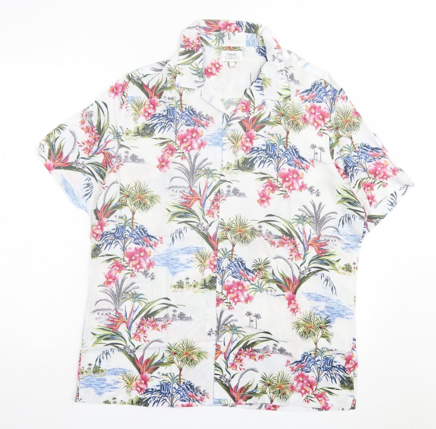NEXT Mens Multicoloured Floral Viscose Button-Up Size L Collared Button
