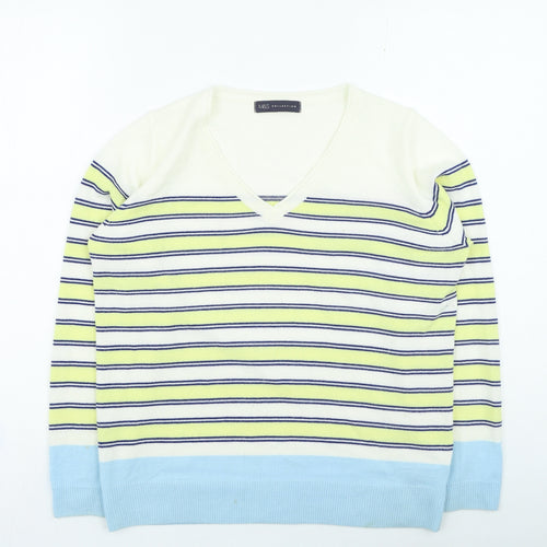 Marks and Spencer Womens Yellow V-Neck Striped Acrylic Pullover Jumper Size 14
