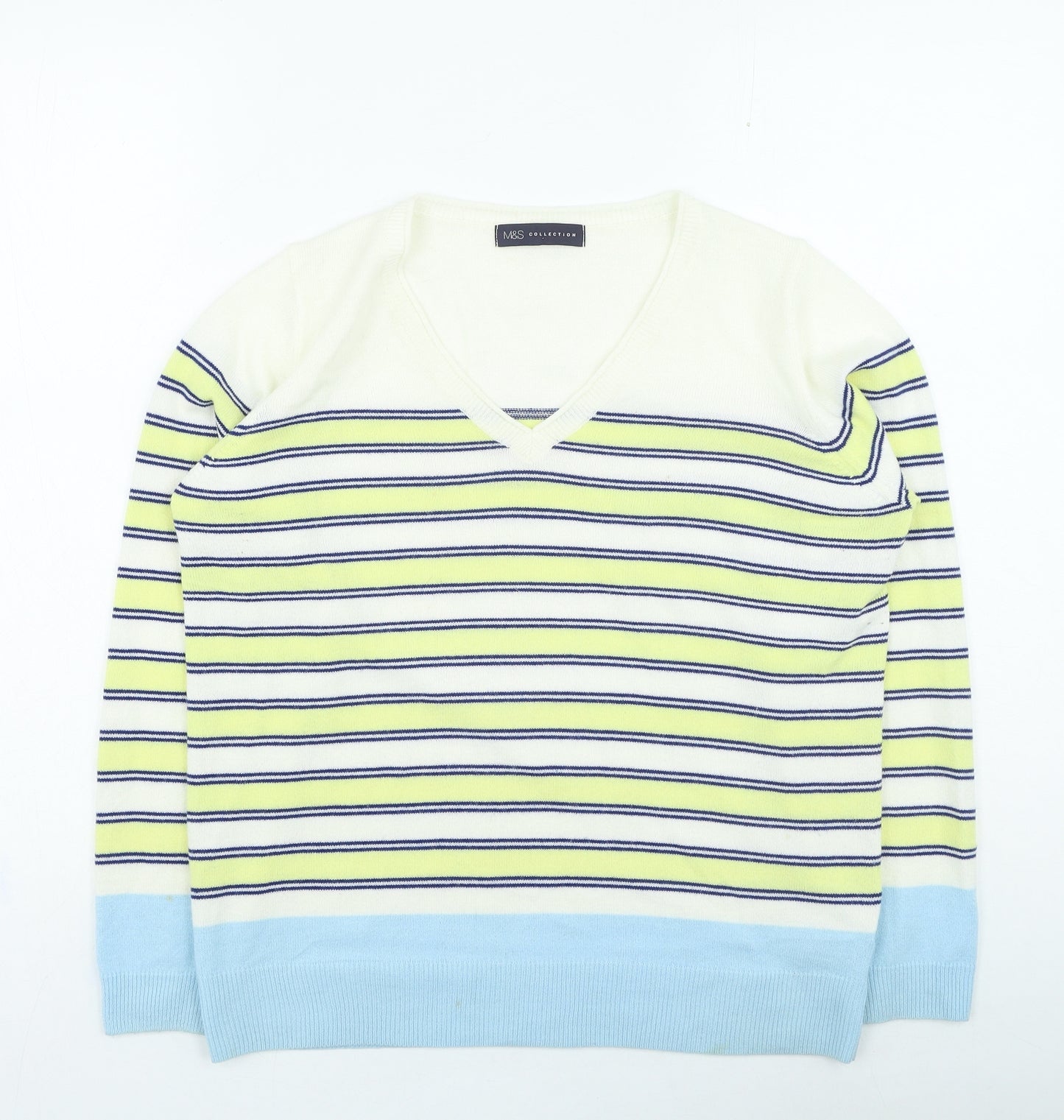 Marks and Spencer Womens Yellow V-Neck Striped Acrylic Pullover Jumper Size 14