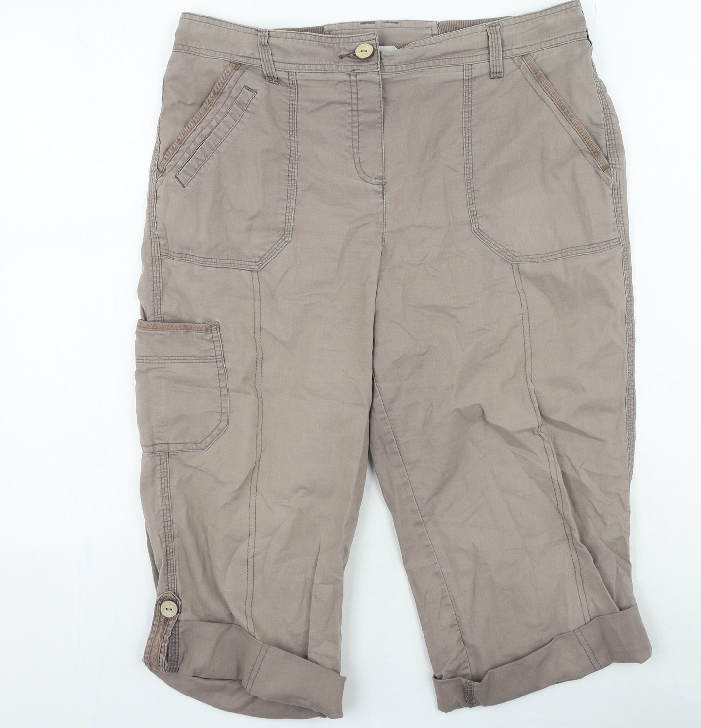BHS Womens Brown Cotton Cropped Trousers Size 12 Regular