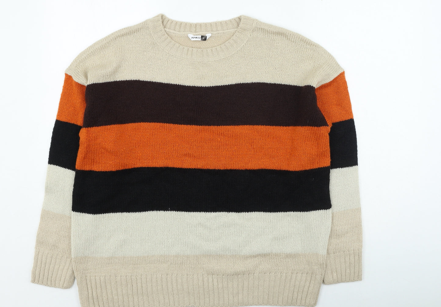 Pep & Co Womens Beige Round Neck Striped Acrylic Pullover Jumper Size L