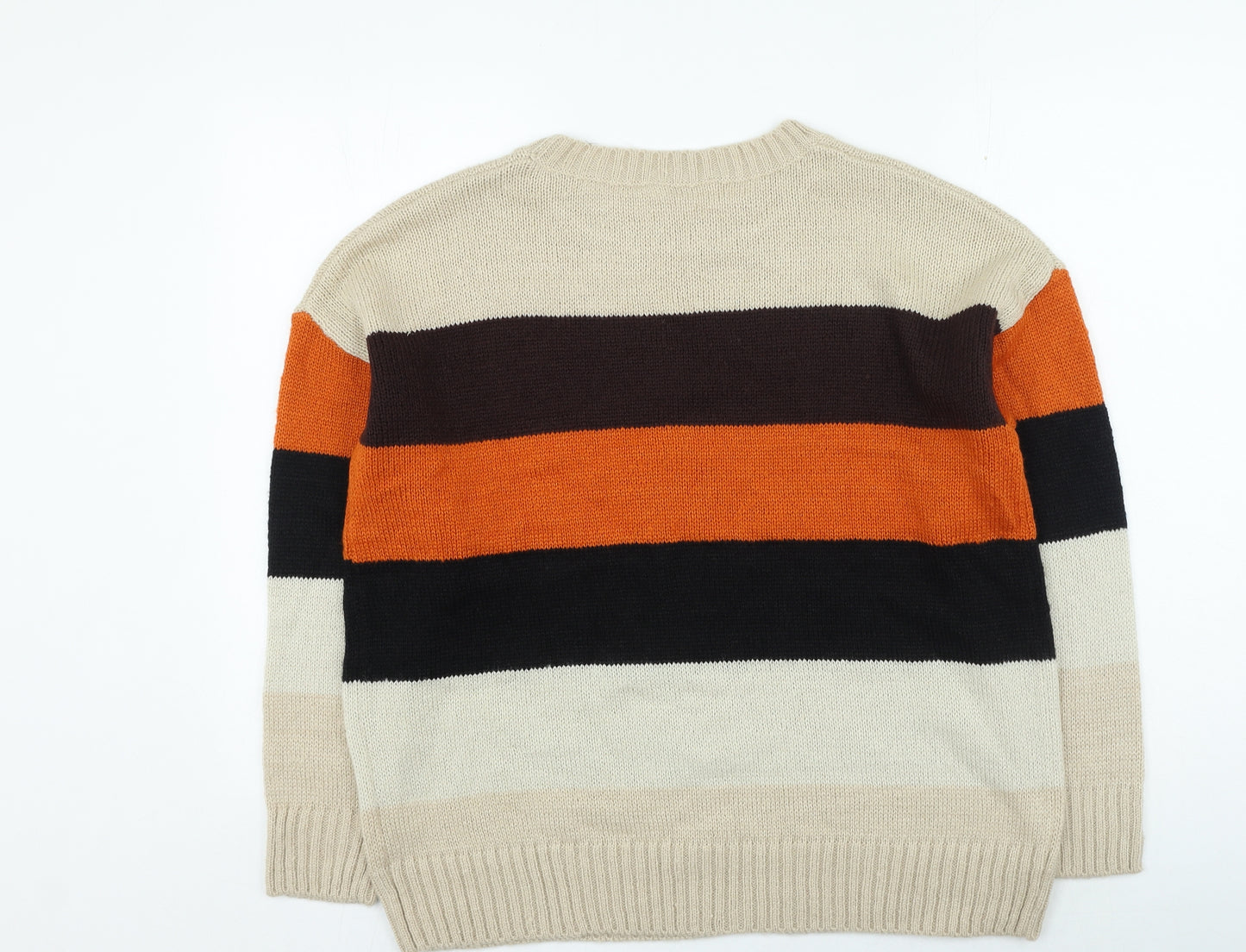 Pep & Co Womens Beige Round Neck Striped Acrylic Pullover Jumper Size L