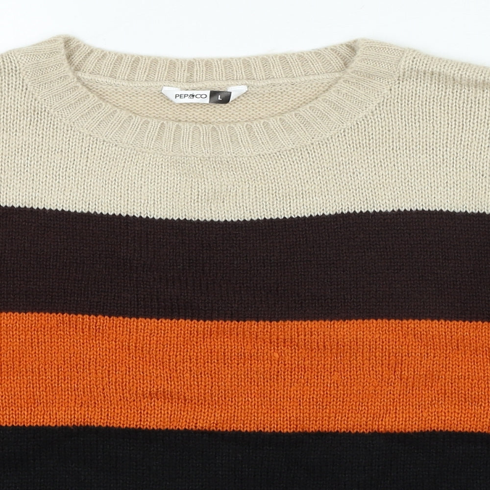 Pep & Co Womens Beige Round Neck Striped Acrylic Pullover Jumper Size L
