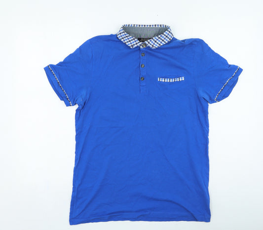 Front view of Burton men’s blue check cotton polo, size M, collared