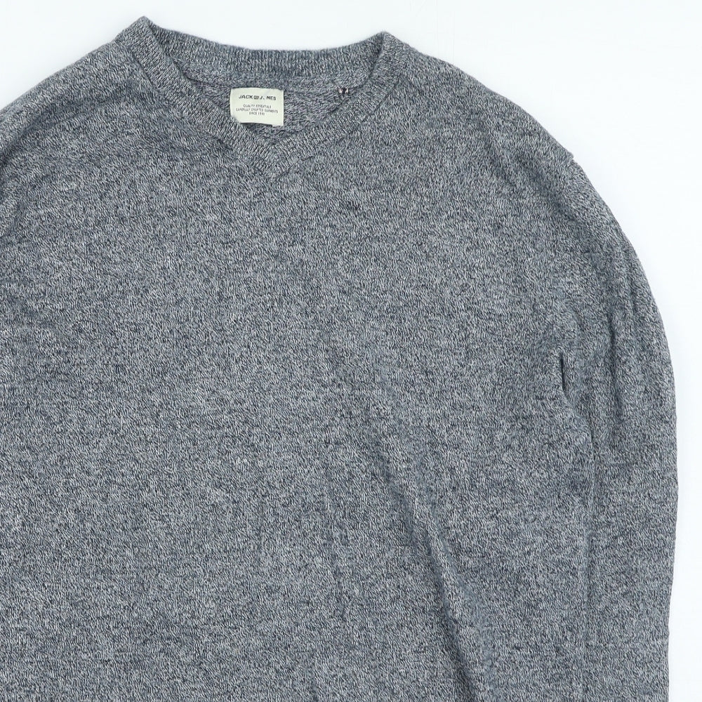 JACK & JONES Mens Blue V-Neck Cotton Pullover Jumper Size M