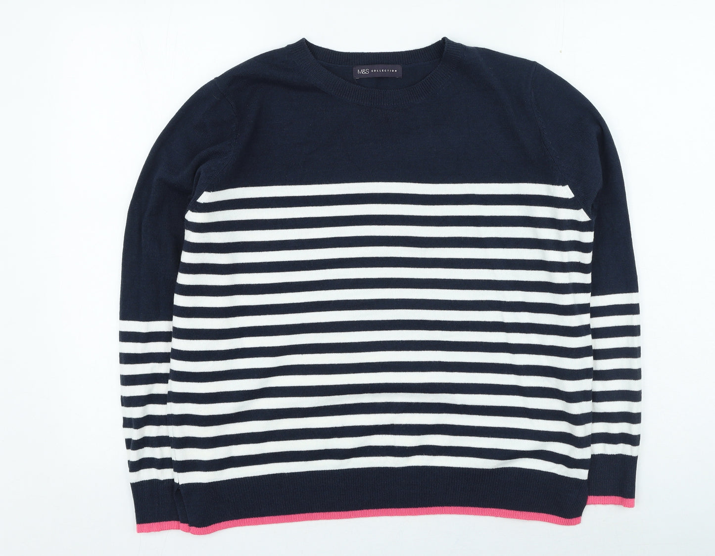 Marks and Spencer Womens Blue Round Neck Striped Acrylic Pullover Jumper Size 16