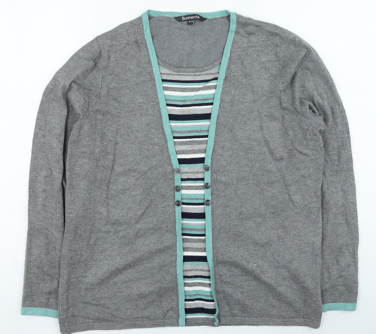 Bonmarche Womens Grey Round Neck Striped Viscose Pullover Jumper Size 16
