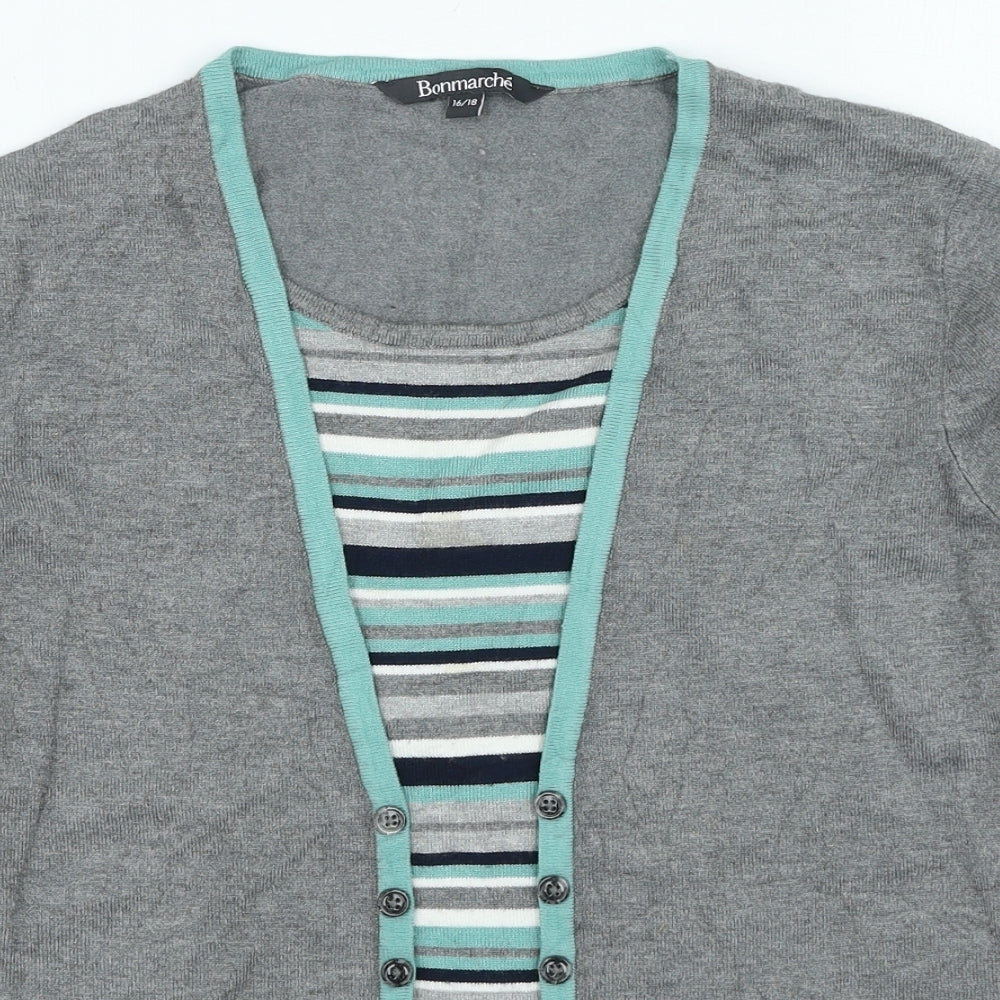 Bonmarche Womens Grey Round Neck Striped Viscose Pullover Jumper Size 16