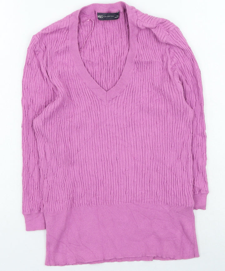 Marks and Spencer Womens Purple V-Neck Viscose Pullover Jumper Size 14