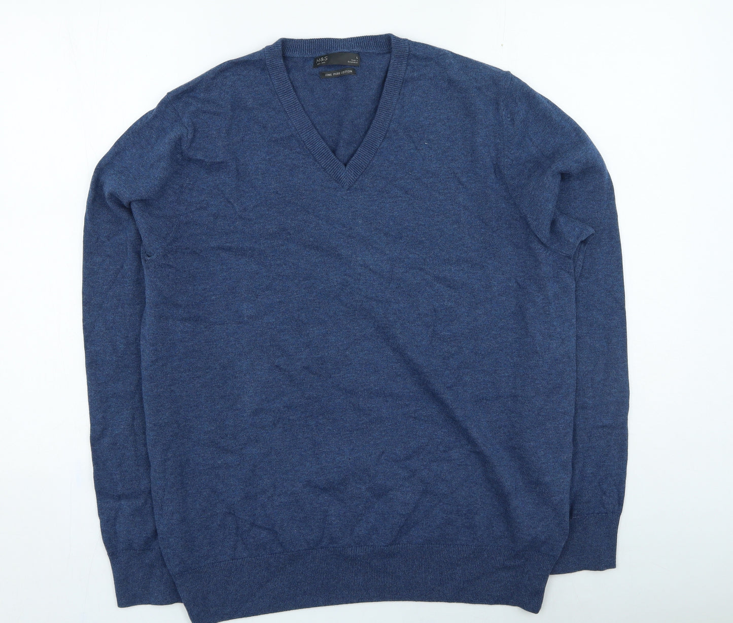Marks and Spencer Mens Blue V-Neck Cotton Pullover Jumper Size L