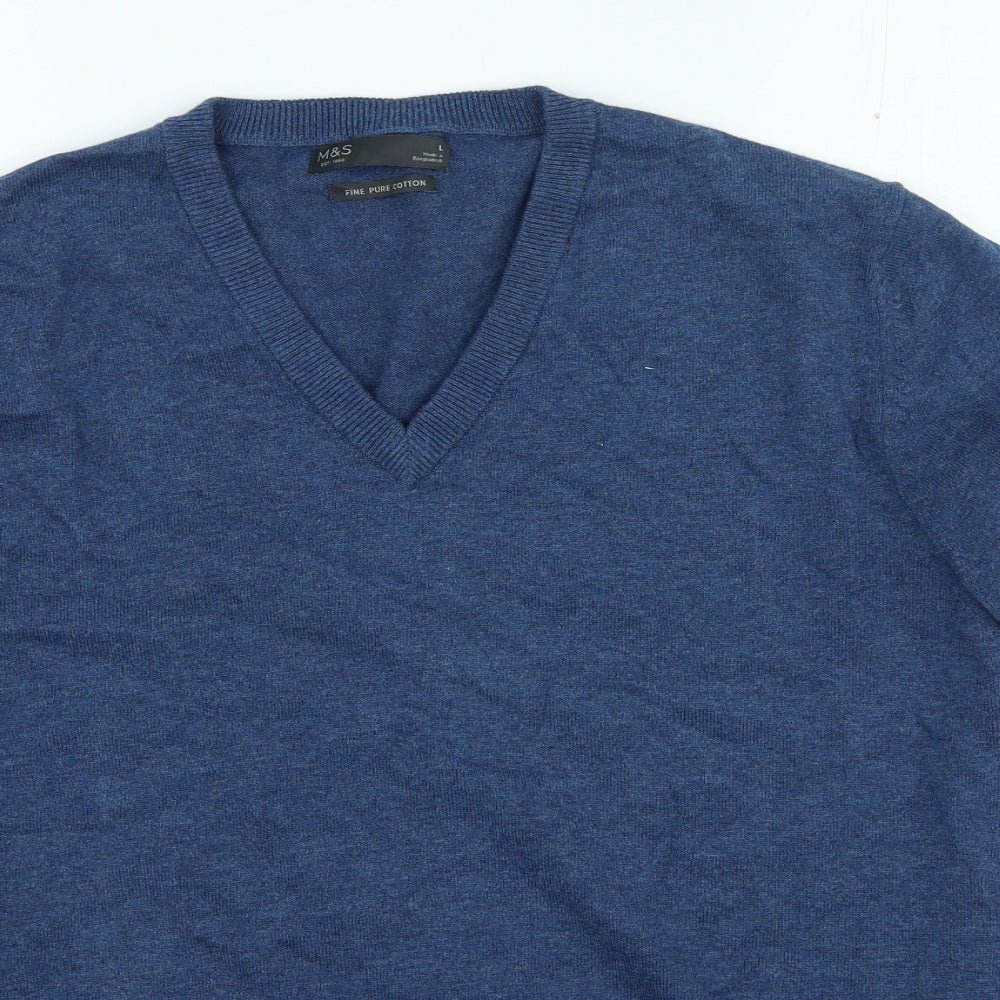Marks and Spencer Mens Blue V-Neck Cotton Pullover Jumper Size L