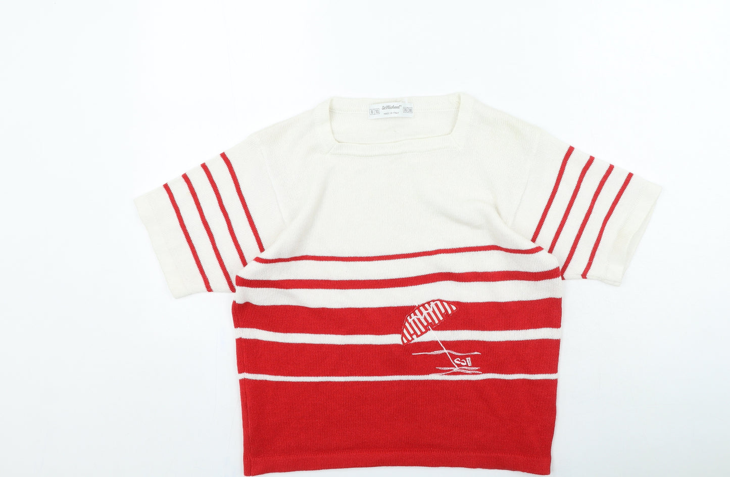 St Micheal Womens Red Round Neck Striped Acrylic Pullover Jumper Size 8