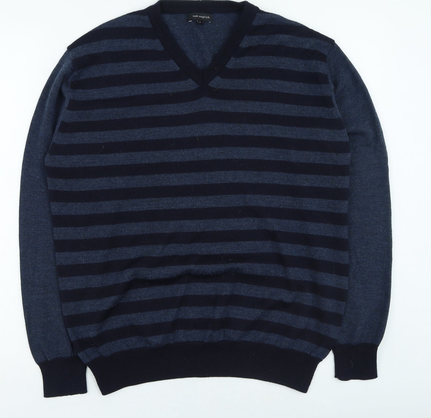 tom english Mens Blue V-Neck Striped Wool Pullover Jumper Size L