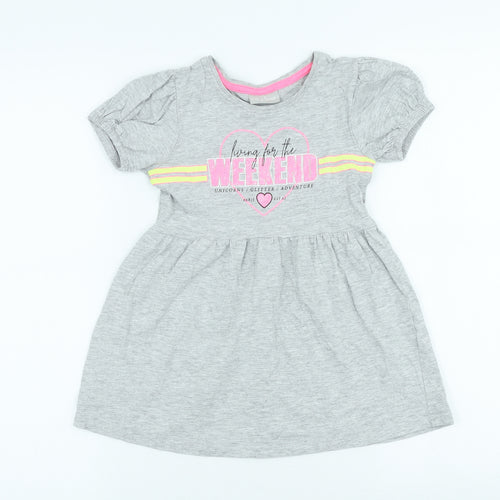 I love Girlswear Girls Grey Cotton Skater Dress Size 4 Years Crew Neck