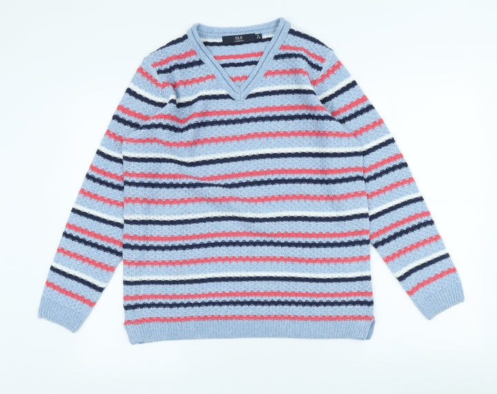 Isle Womens Blue Scoop Neck Striped Acrylic Pullover Jumper Size M