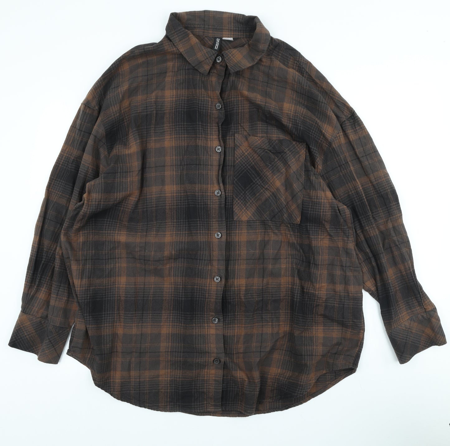 Divided by H&M Womens Brown Plaid 100% Cotton Basic Button-Up Size L Collared