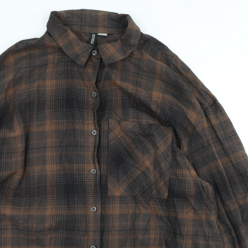 Divided by H&M Womens Brown Plaid 100% Cotton Basic Button-Up Size L Collared
