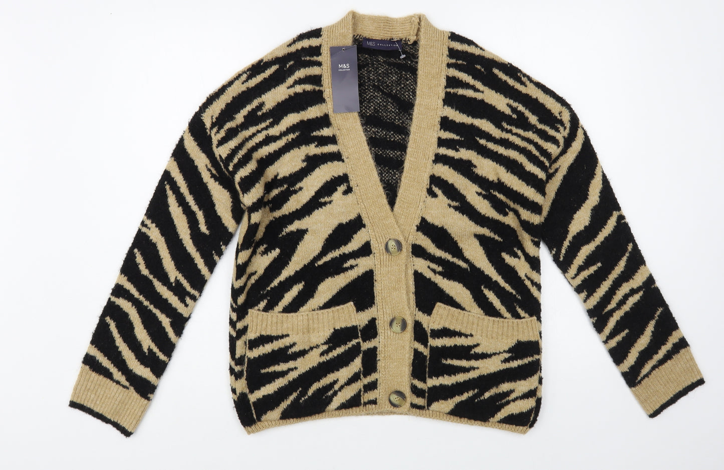 Marks and Spencer Womens Beige V-Neck Animal Print Acrylic Cardigan Jumper Size S
