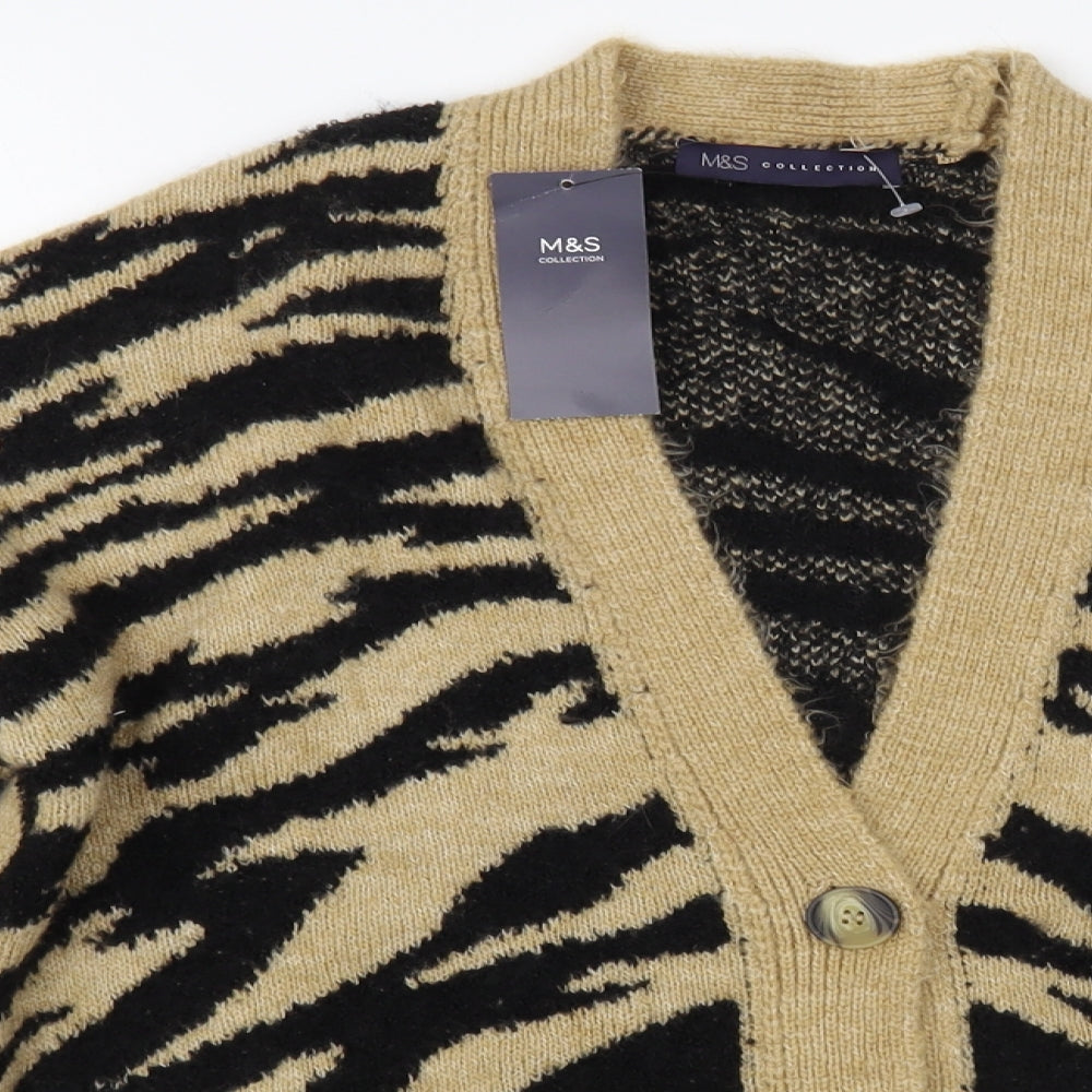 Marks and Spencer Womens Beige V-Neck Animal Print Acrylic Cardigan Jumper Size S