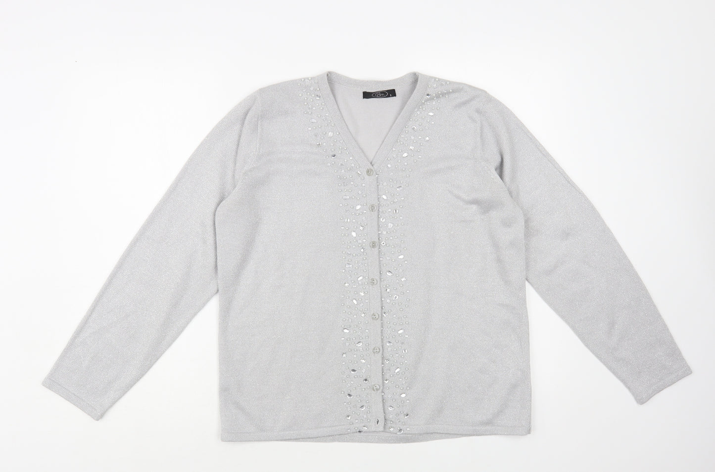 Bonmarché Womens Silver V-Neck Acrylic Cardigan Jumper Size S