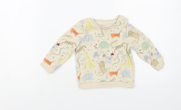 TU Baby Beige Geometric Cotton Pullover Jumper Size 6-9 Months Button - Cute Animals Print