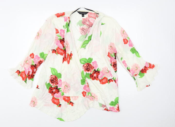 Dorothy Perkins Womens White Floral Viscose Kimono Blouse Size 12 V-Neck