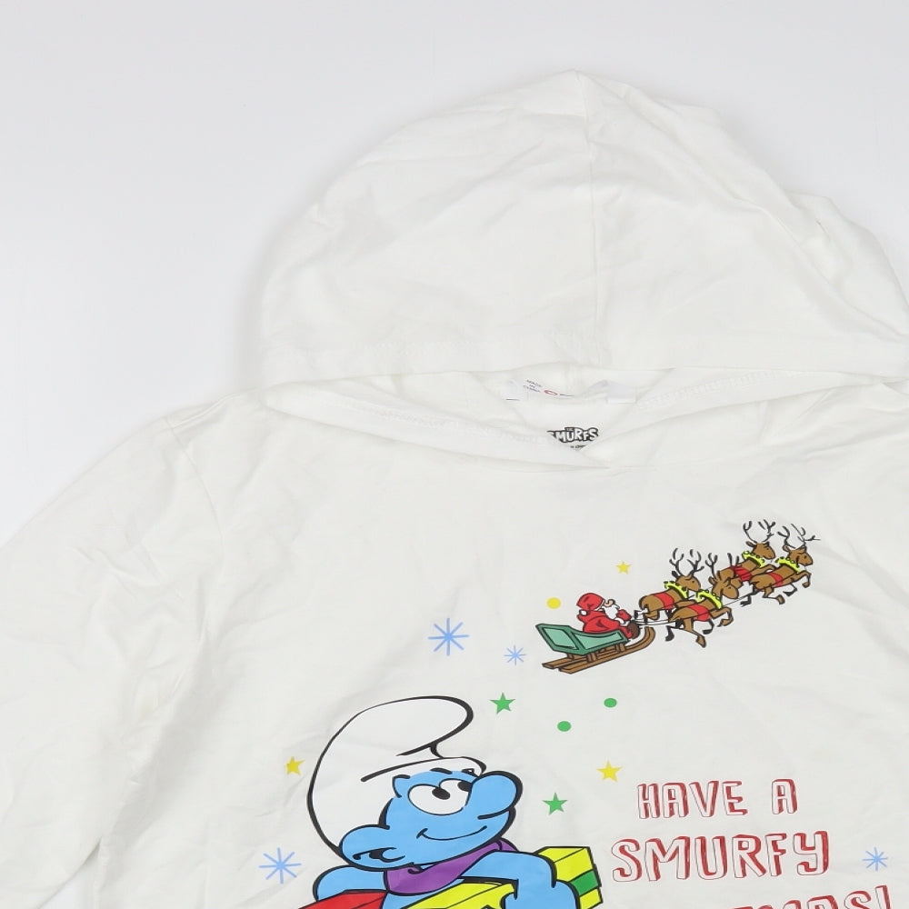 Pat Pat Womens White Cotton Pullover Hoodie Size S Pullover - Smurfy Christmas