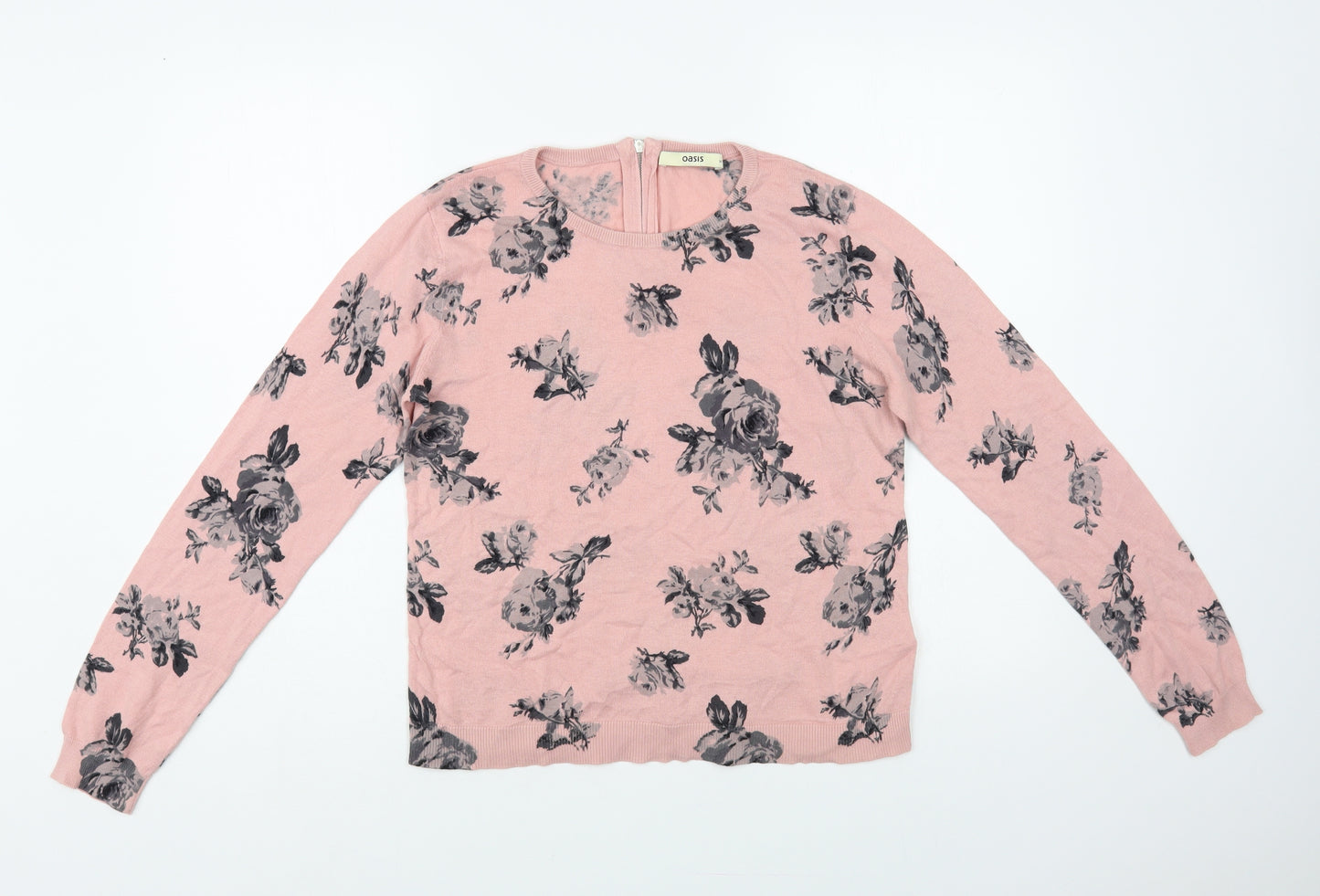 Oasis Womens Pink Crew Neck Floral Cotton Pullover Jumper Size M