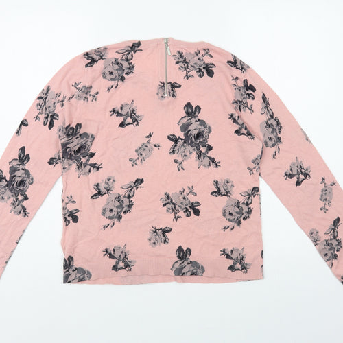 Oasis Womens Pink Crew Neck Floral Cotton Pullover Jumper Size M