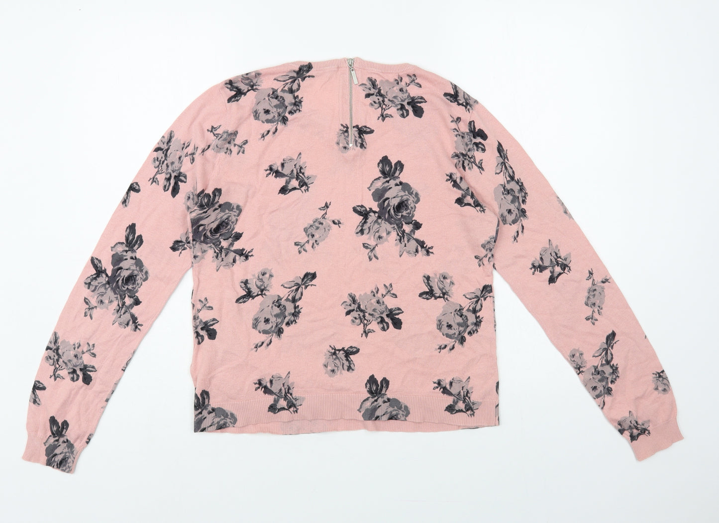 Oasis Womens Pink Crew Neck Floral Cotton Pullover Jumper Size M