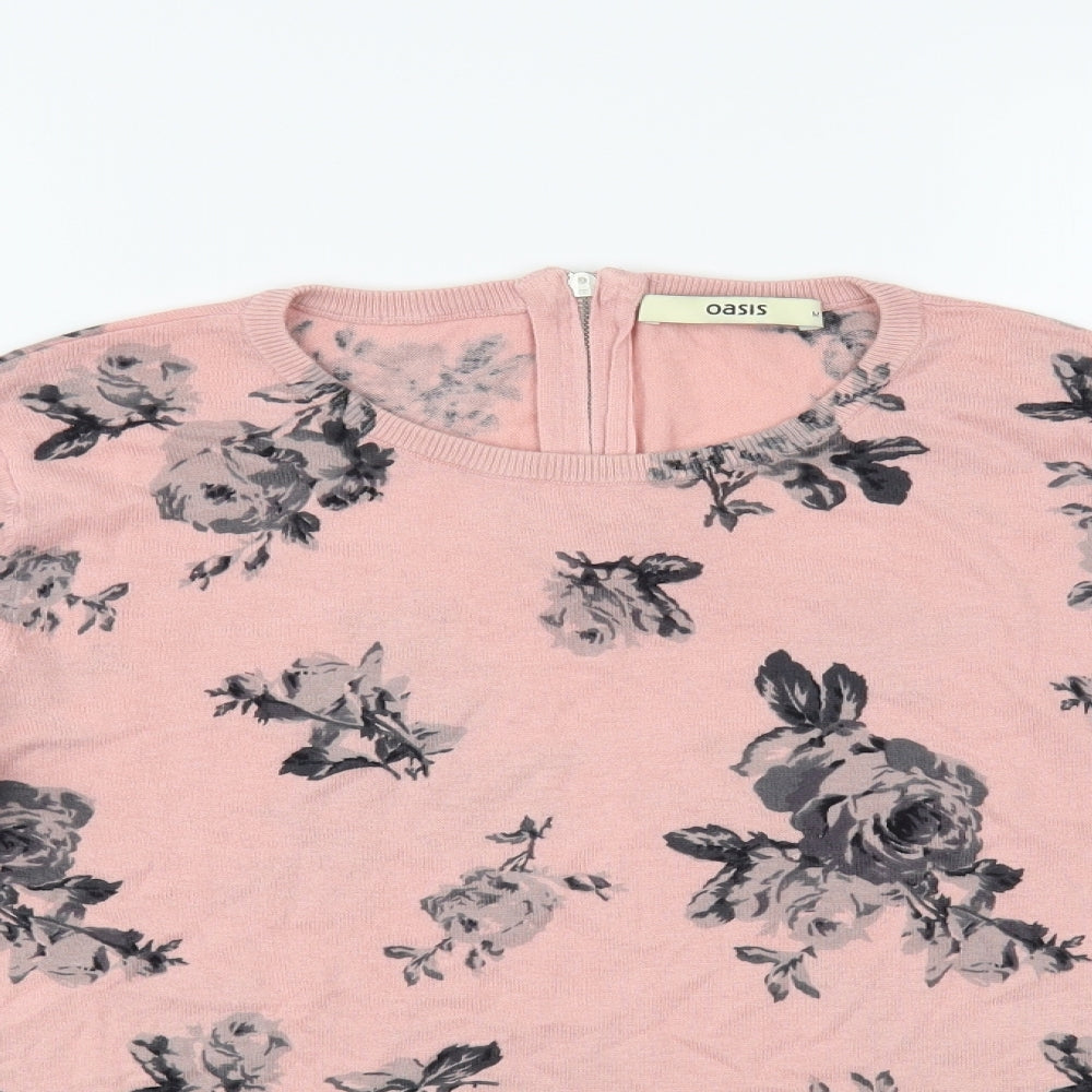 Oasis Womens Pink Crew Neck Floral Cotton Pullover Jumper Size M