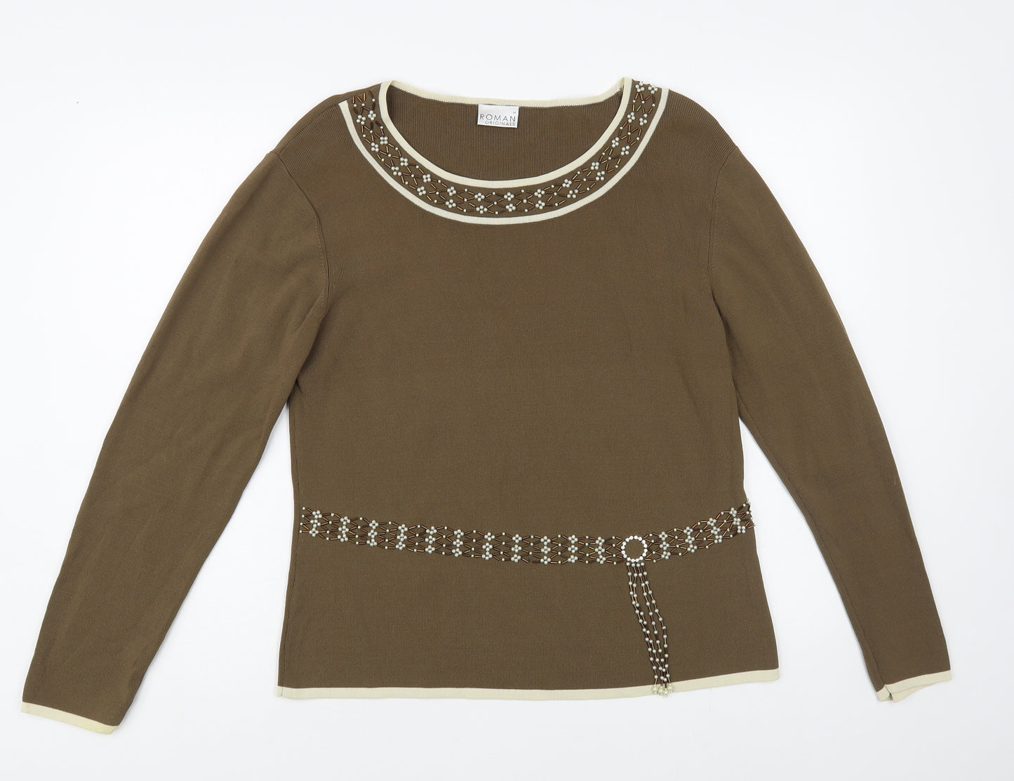 Roman Womens Brown Boat Neck Viscose Pullover Jumper Size M - Embellished Collar