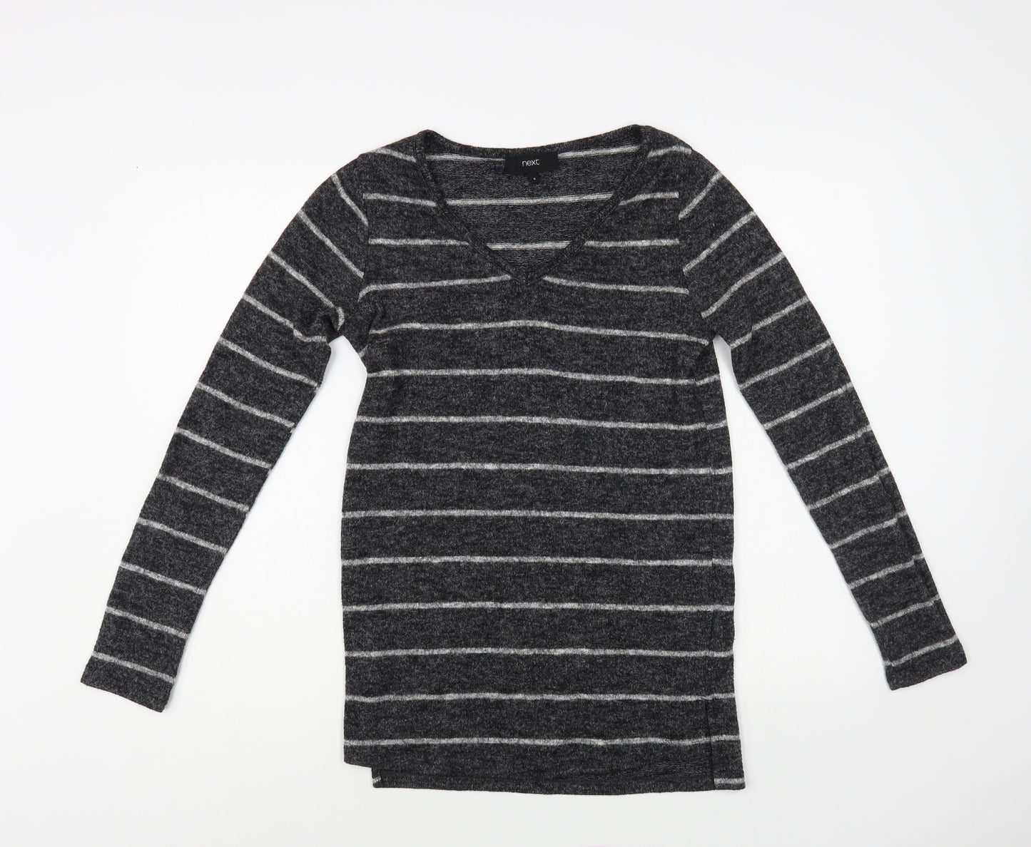 NEXT Womens Grey V-Neck Striped Polyester Pullover Jumper Size 6