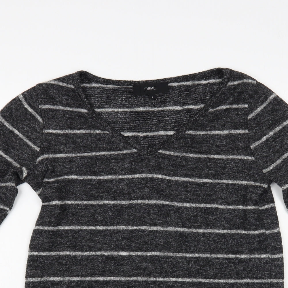 NEXT Womens Grey V-Neck Striped Polyester Pullover Jumper Size 6
