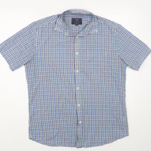 Atlantic Bay Mens Blue Plaid Polyester Button-Up Size M Collared Button