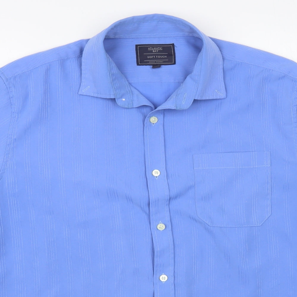 Atlantic Bay Mens Blue Polyester Button-Up Size M Collared Button