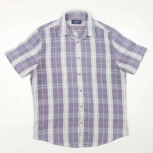 Atlantic Bay Mens Purple Plaid Polyester Button-Up Size M Collared Button