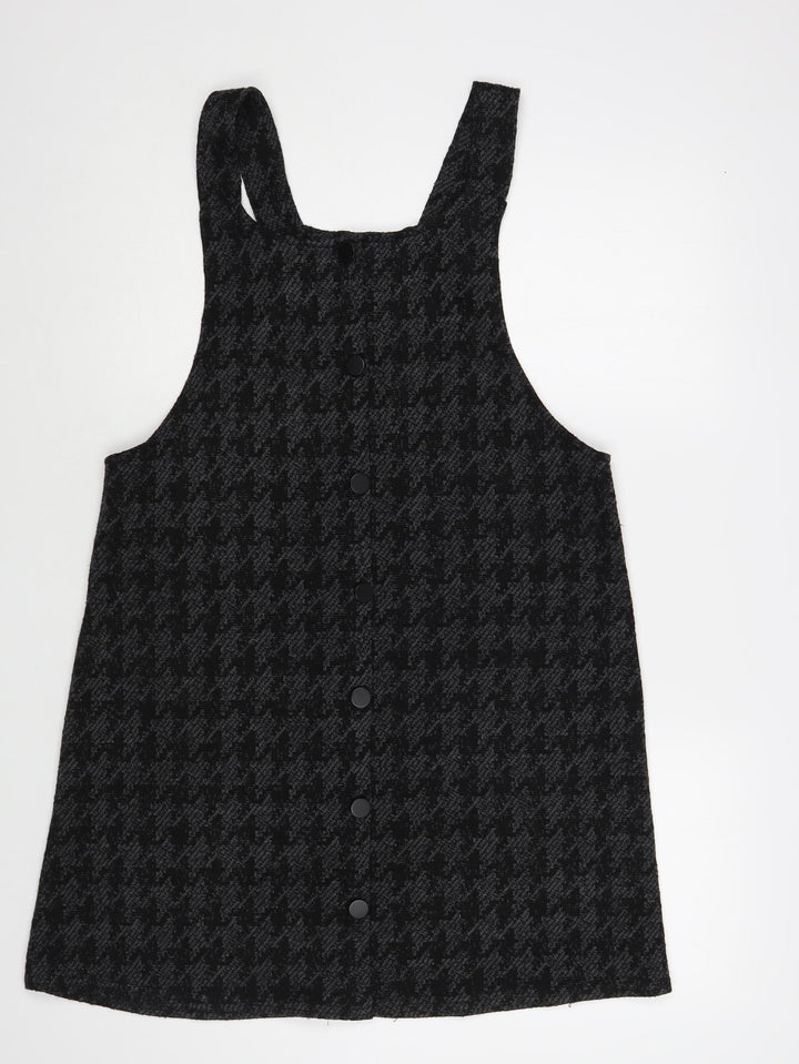 New Look Womens Grey Houndstooth Acrylic Pinafore/Dungaree Dress Size 4 Scoop Neck Pullover