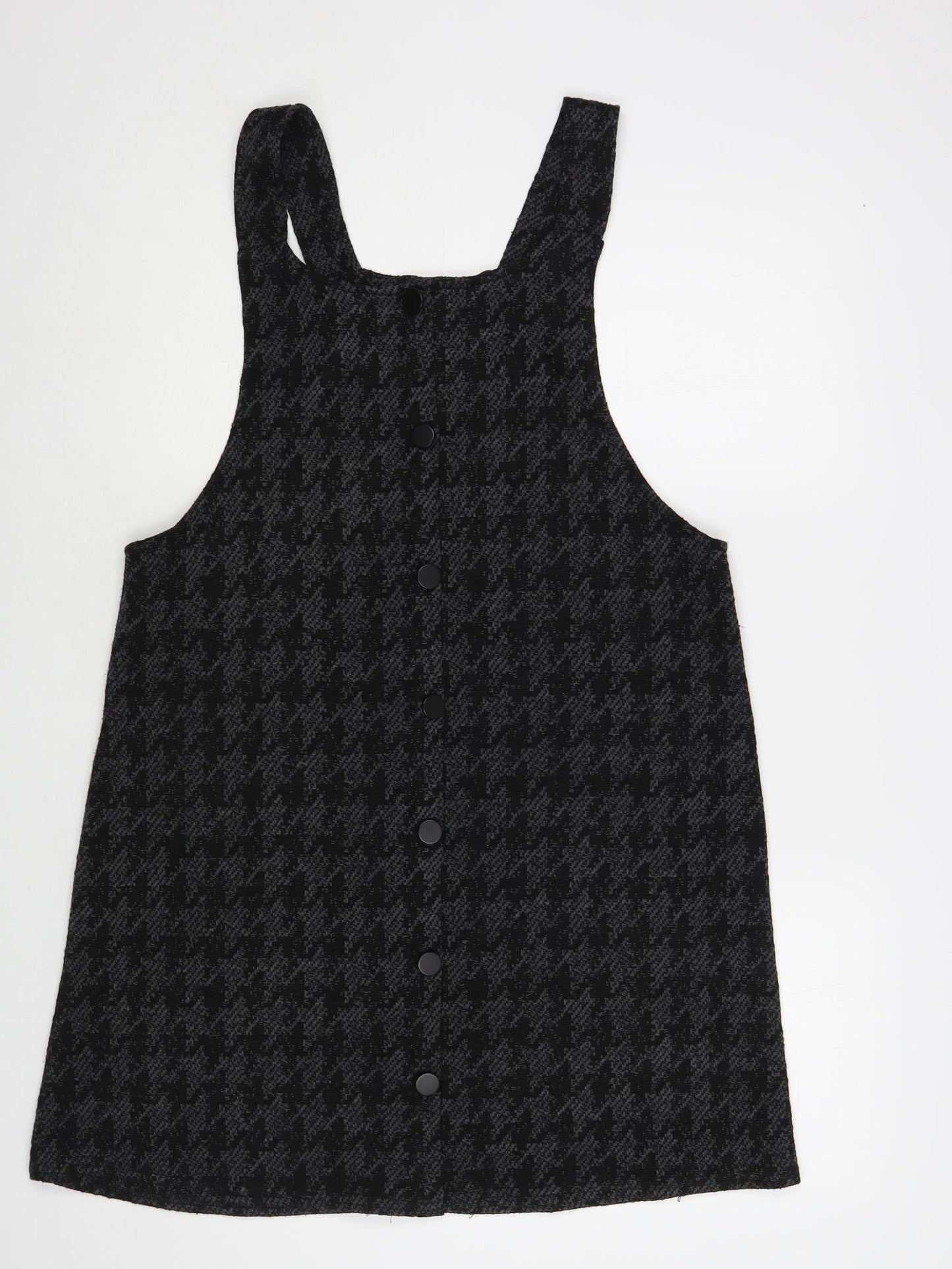 New Look Womens Grey Houndstooth Acrylic Pinafore/Dungaree Dress Size 4 Scoop Neck Pullover