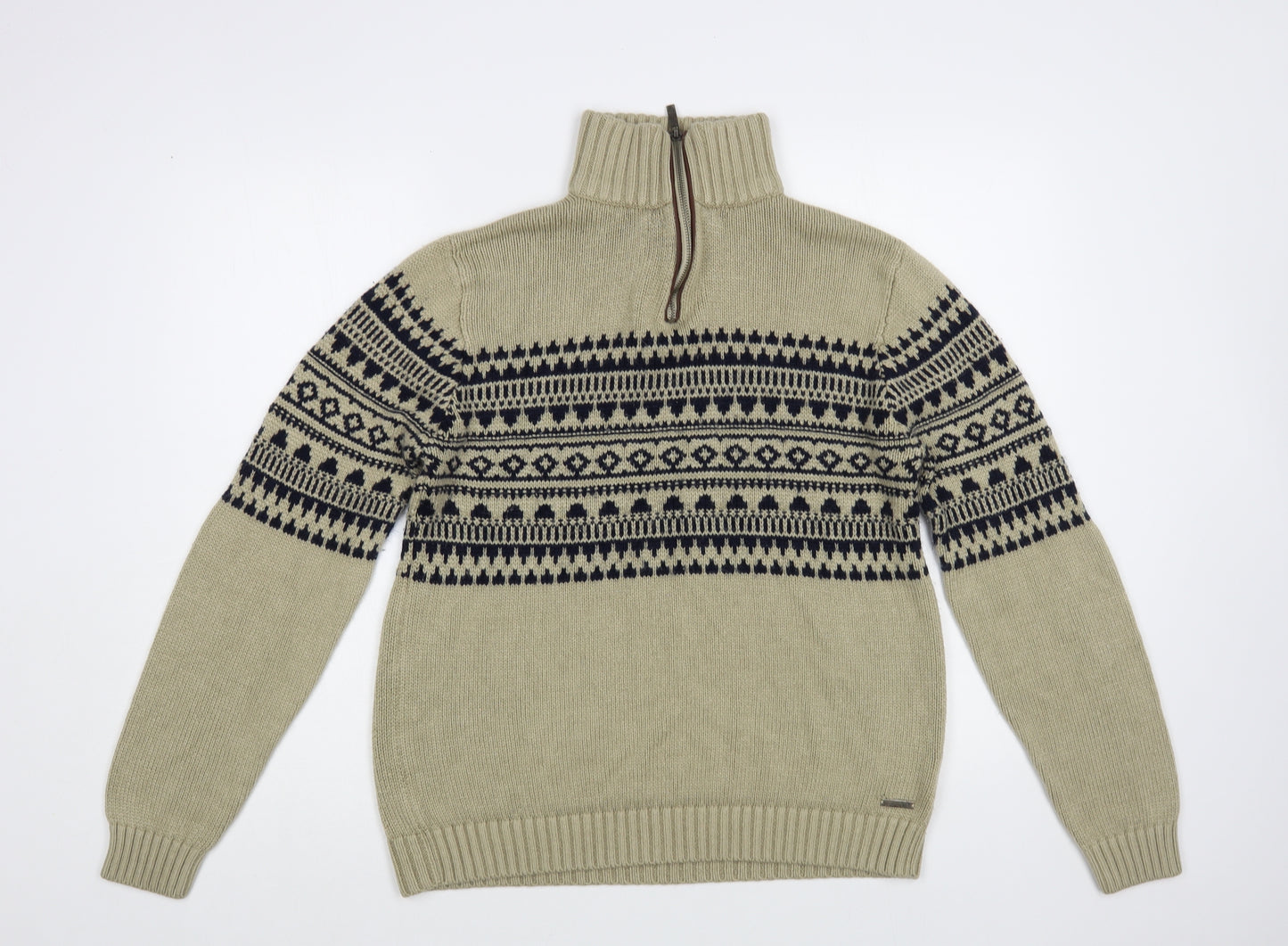 Pierre Cardin Mens Beige High Neck Fair Isle Acrylic Pullover Jumper Size M