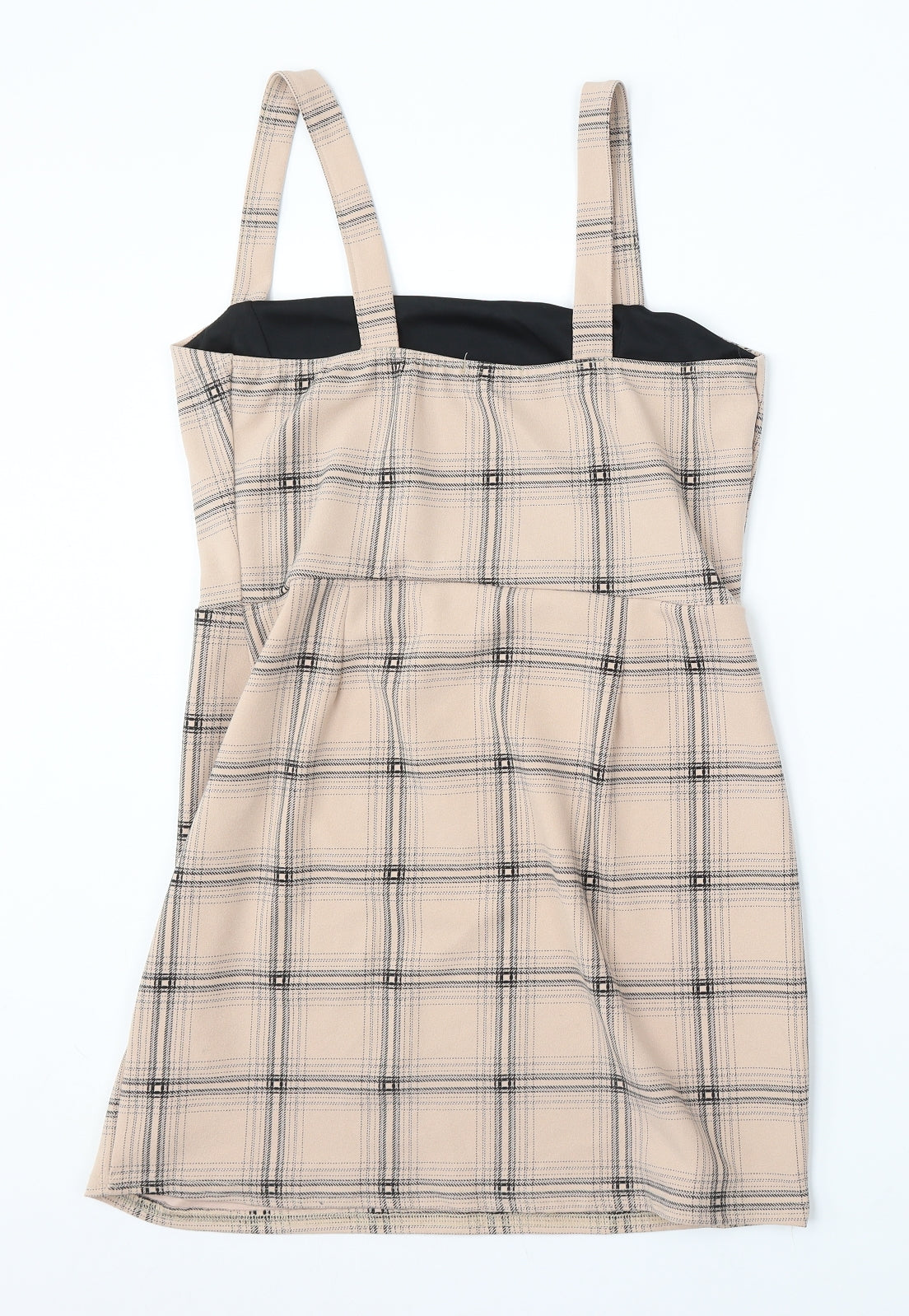 I SAW IT FIRST Womens Beige Check Polyester Pinafore/Dungaree Dress Size 14 Square Neck