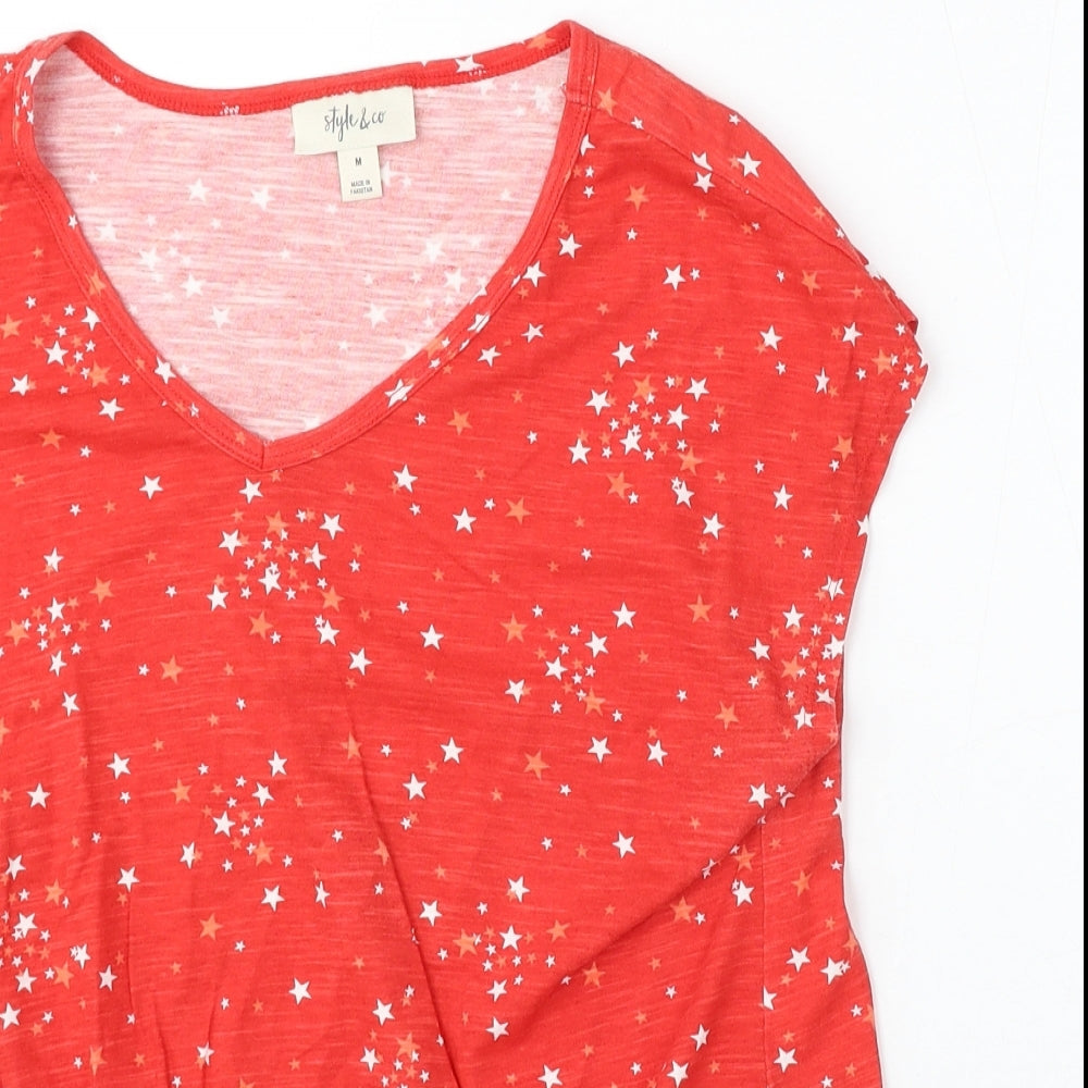 Style and co Womens Red Geometric Cotton Basic Tank Size M V-Neck - stars