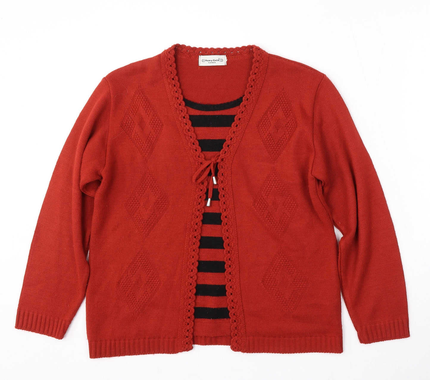 Merry Gold Womens Red Round Neck Striped Acrylic Cardigan Jumper Size M