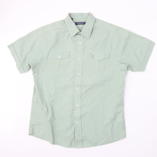 Premier Man Mens Green Polyester Button-Up Size M Collared Button