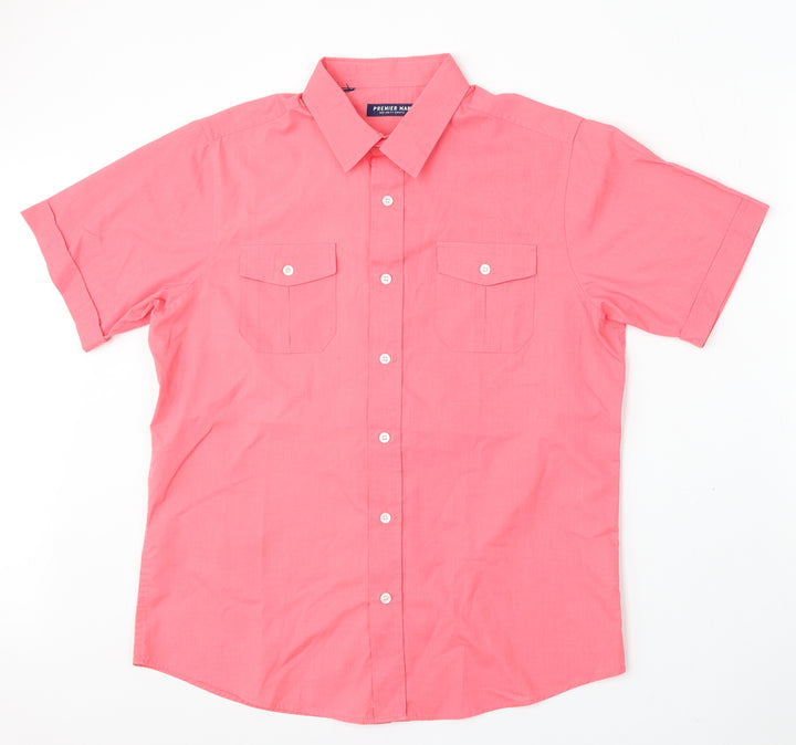 Premier Man Mens Pink Polyester Button-Up Size M Collared Button