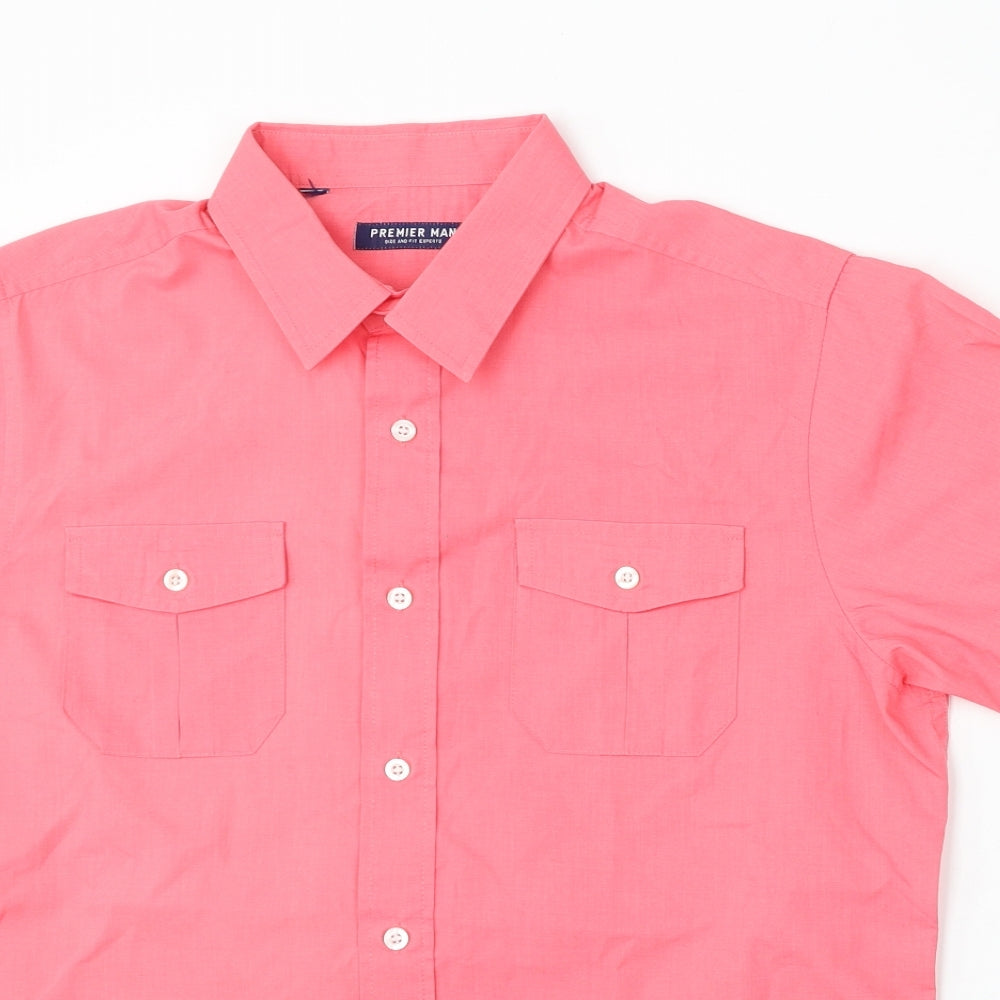 Premier Man Mens Pink Polyester Button-Up Size M Collared Button