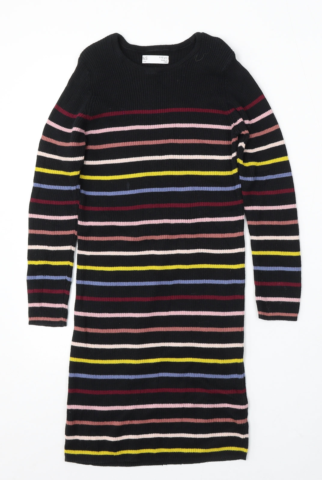 Marks and Spencer Girls Multicoloured Striped Cotton Jumper Dress Size 9-10 Years Round Neck