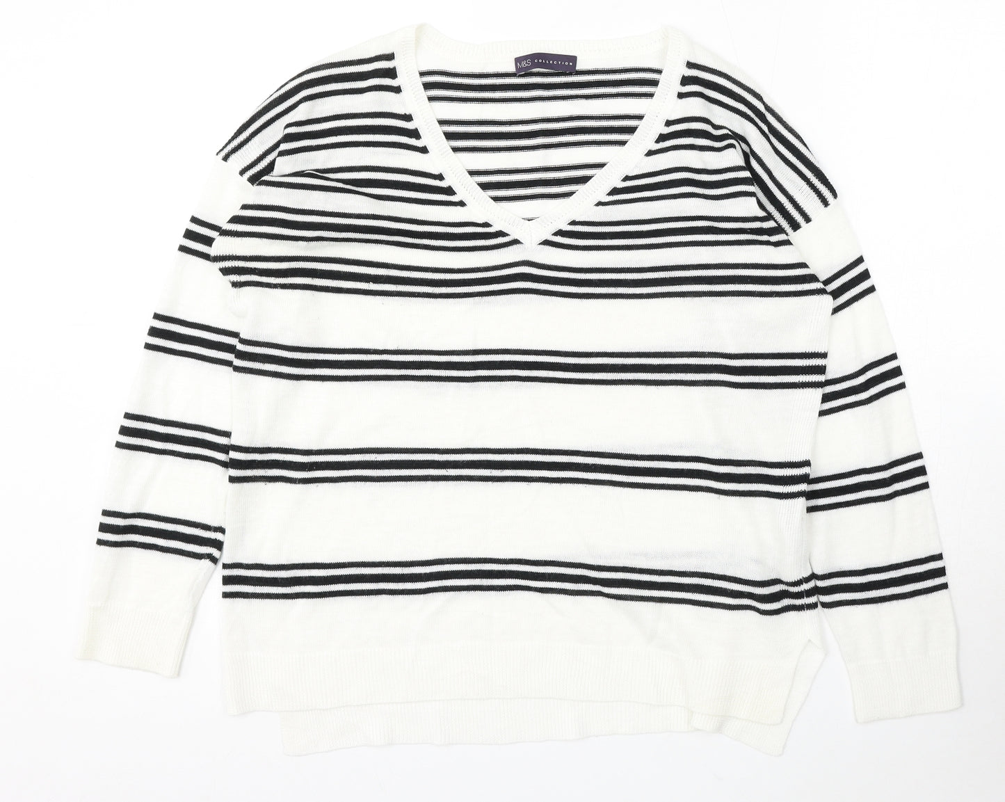 Marks and Spencer Womens White V-Neck Striped Acrylic Pullover Jumper Size 14