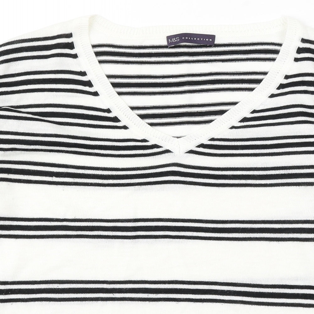 Marks and Spencer Womens White V-Neck Striped Acrylic Pullover Jumper Size 14
